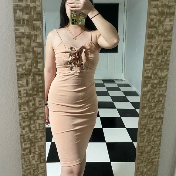 Dresses | Nude Stretchy Dress With Lace Up Front | Poshmark Dresses | Nude Stretchy Dress With Lace Up Front | Poshmark